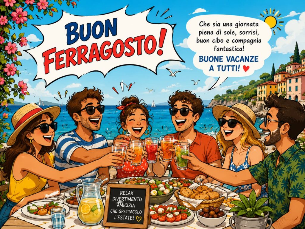 ferragosto 2026 - 4 ragazzi disegnati a fumetto stanno sorridendo e brindando davanti a una tavola imbandita di cibo.