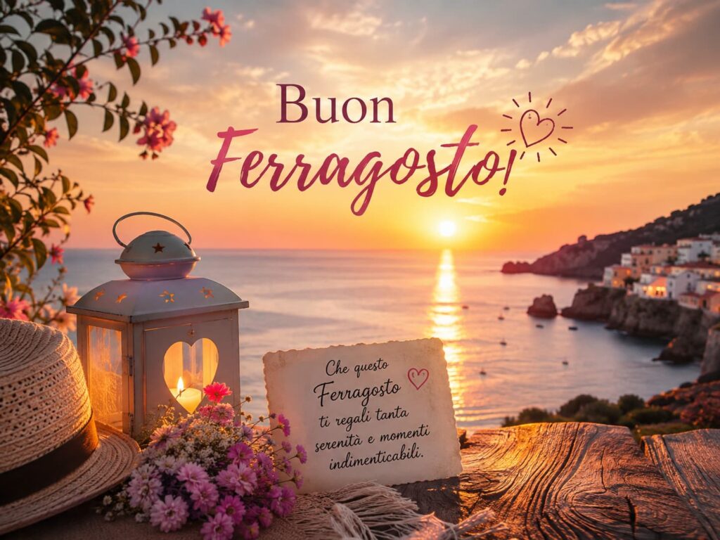 un paesaggio di mare al tramonto con in primo piano una lanterna accesa ew un cartello con gli auguri di ferragosto