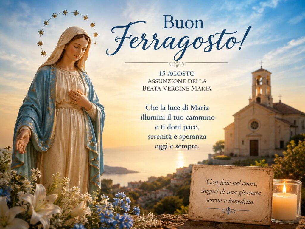 Ferragosto 2026 6 immagini per inviare auguri in modo unico - zetatielle magazine - immagine generata con IA - un’immagine dedicata alla Madonna, con tunica bianca e manto azzurro, una aureeola dis telle intorno al capo, la mano posata sul petto davanti a lei dei fiori azzurri e sullo sfondo una chiesa cattolica, a una chiesa illuminata, a un cielo sereno o a simboli che richiamano la fede e la pace interiore.e una scritta di auguri