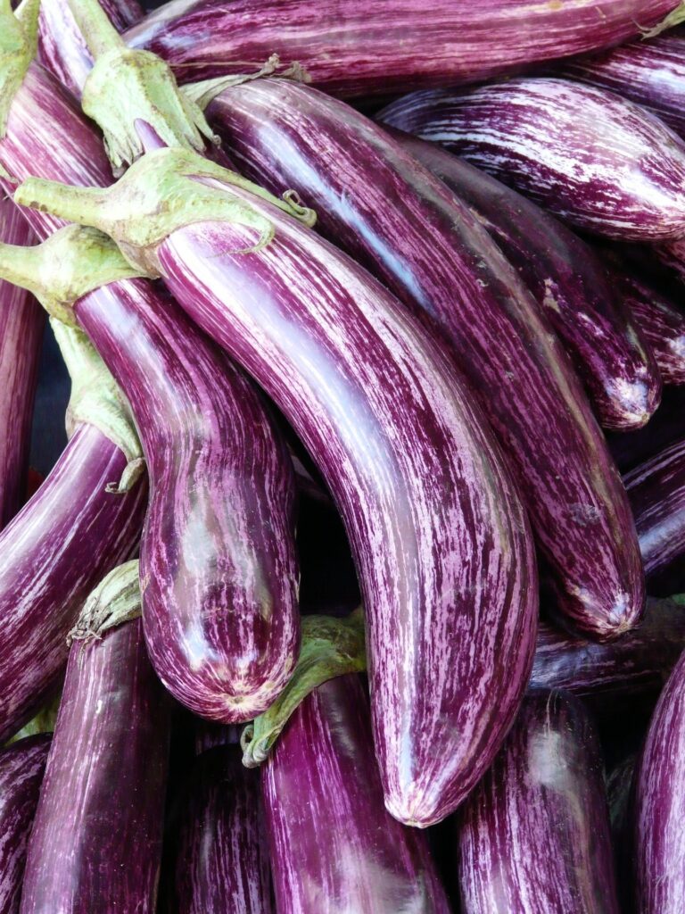 Frutti di melanzana ammassati su un piano, oblunghi, curvi, viola e striati di bianco.